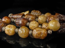 VINTAGE HAND CARVED FACE HEADS MALA BEADS SILVER BROWN STONE NECKLACE picture