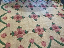 Vintage Antique Appliqué Quilt, Flower & Leaf Design, Pink, Green, Hand Quilted picture