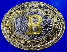 Initial Block Letter B Floral Swirl Ornate Western Two Tone Large Belt Buckle picture