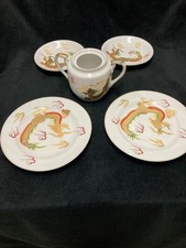 💥Vtg Japanese Kutani-Style Moriage Dragon Saucers Desert Plates Sugar Bowl 5Pcs picture