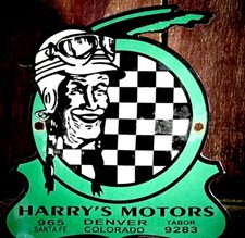 HARRY'S MOTORS CHECKERED FLAG PORCELAIN COLLECTIBLE, RUSTIC, ADVERTISING  picture