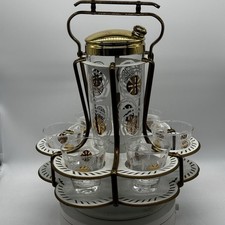 Bar Barware Set Glass w/ Metal Carousel Gold White MCM Vtg 6 Glasses picture