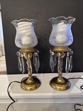 VTG MCM Pair of Electrified Boudoir Brass Hurricane Lamps With Hanging Crystals picture