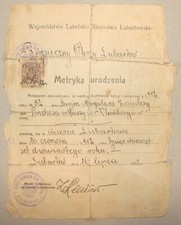 Stamp Jewish Judaica 1932 Poland Lublin Lubartow Birth Certificate picture