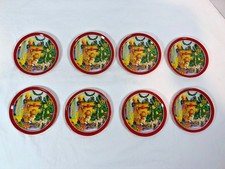 Vintage Christmas Metal Tin Coasters Set of 8 Holiday Cat Kitten Fireplace Red picture