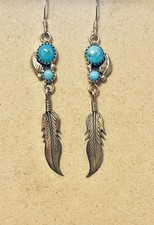 VTG NATIVE AMERICAN NAVAJO STERLING SILVER TURQUOISE DANGLE FEATHER EARRINGS  picture