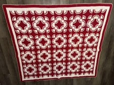 Antique c1900 Red White Pickle Dish Quilt Hand Pieced Quilted 72x72 picture