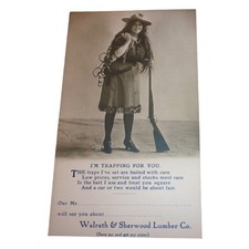 Vintage Walrath & Sherwood Lumber Co Advertising Postcard Female Trapper Rifle picture