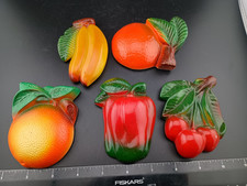 Vintage LOT 1940's Fruit Chalkware Hanging Wall Plaque Kitchen Decor 5 Colorful picture