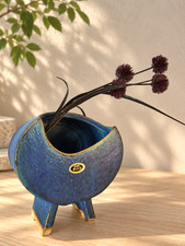 Japanese Shigaraki Ware Turquoise Blue Footed Ikebana Vase Studio Pottery MCM picture