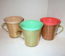 Vintage MCM Raffiaware Thermo-Temp Cups Mugs Plastic Raffia Weave Insulated Tiki picture
