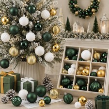 64 Pcs Christmas Ball Ornaments Set - Emerald Green, Champagne Gold & White Deco picture
