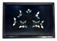 Vintage Couroc of Monterey Tray Inlaid Tree with Foreign Coins Leaves 12.5