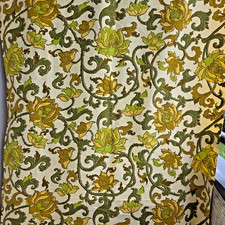 Baroque Floral Fabric Yardage | 1970s Olive Green Gold Upholstery Canvas picture