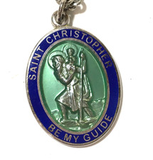 Vintage Sterling Blue Green Enamel St. Christopher Medal Pendant Metal Chain, 1