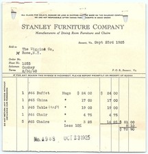 1925 Stanley Furniture Co. Invoice for dining furniture picture