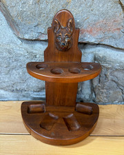 Antique Wooden Pipe Stand w/ Hand Carved Wolf Head Motif Multi-Hole Holder picture