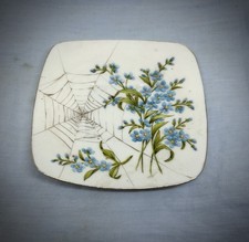 Antique Square Porcelain Plate Gold Spider Web Blue Flowers Julius Dressler 1887 picture