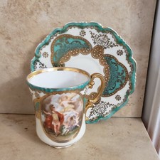 VINTAGE~ Imperial Crown Austria PORTRAIT SCENE GREEN w/ GOLD Tea cup & Saucer picture