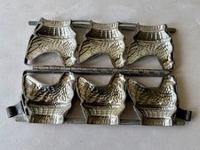 Antique Metal Chocolate Mold Chicken Hen in Basket Easter Multi-Cavity 3-Piece picture