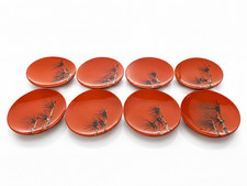 VTG Japanese Lacquerware Hand Painted Pine Needle Dishes Red Set of 8 picture