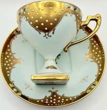 Vintage Turquoise Gold Square Pedestal Enamel Beaded Cabinet Cup & Saucer Roses picture