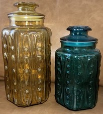 Vintage Federal Glass Canister Teal Blue & Amber Jar & Lids LE Smith Atterbury picture