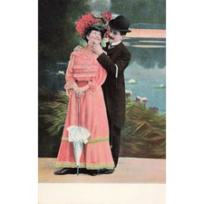 Antique Postcard Edwardian Romantic Couple Courtship Bowler Hat Pink Dress c1910 picture