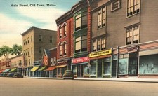 Vintage Postcard 1930's Main Street Restaurants & Shopping Stores Old Town Maine picture