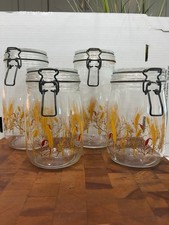 Vintage ARC France Glass Canister Set 1L 1.5L Wheat Floral Clamp Lid Jars picture