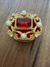 Vintage Signed Florenza Jeweled Trinket Pill Box Ruby Red Rhinestone Faux Pearl picture