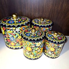 Vintage Daher 4-Pc Nested Tin Canister Set Black Floral Chintz England 1960s-70s picture