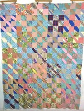 vtg 40S 50S NINE PATCH JACOBS LADDER HAND STITCHED PATCHWORK FEEDSACK QUILT TOP picture