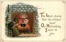 Halloween Witch by Fireplace L.&E. 7027 SUPER RARE Vintage Postcard bhn picture