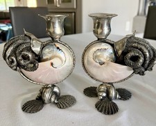 Lazaro NY Pewter Nautilus Shell Octopus Candlestick Holders Pair Vintage picture