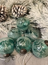 Set of 6 Etched Teal Mercury Glass Christmas Ornaments 3” Vintage Style Kugel picture