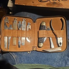 Antique Pocket Tool Kit Set w Leather Pouch Complete Knife Waldes Utica Kraeuter picture