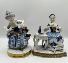 2 Unterweissbach German Dresden Porcelain Figurines Lady with Flowers & Tea Set picture
