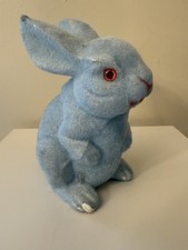 Vintage Large 8” Flocked Fuzzy BLUE Bunny Rabbit Coin Bank Pink Eyes Easter picture