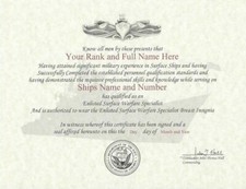 US Navy Enlisted Surface Warfare Specialist Replacement Certificate 8.5X11 picture