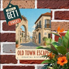 Old Town Archway Historic Street Scene Sign Vintage Travel Metal Tin Plaque picture