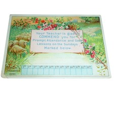 Antique 1897 Sunday School Commendation Card Berean Lesson Pictures Sheep Floral picture