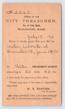 1890 Worcester MA City Treasurer Water Dept Bill Notice Postal Card W.S. Barton picture