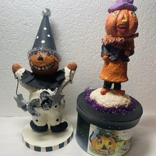 2 Bethany Lowe by Raz | Halloween Pumpkin Head Man on Round Box & Figurine picture