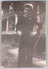 Vtg B&W Snapshot US Navy Sailor Crackerjack Uniform Dixie Cup Hat Porch Yard picture