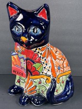 Large 14.5 Inch Mexican Talavera Cat Figurine Hand Painted Folk Art Decor picture