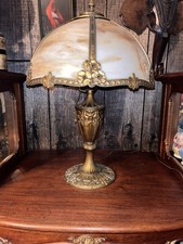 Stunning Antique Miller Slag Glass Lamp Dressed With Gold Detailing. Beautiful picture