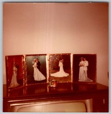 Vtg Color Snapshot Wedding Displayed Framed On Console TV Decor 1970s picture