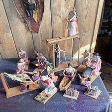 Vintage 1970s Folk Art Figurine Set Women Weaving Scene Wood Fabric Signed picture
