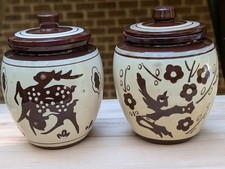 Vtg MCM Sgraffito Terracotta Jar Canister Set (2) Bird Deer Folk Art Mid Century picture